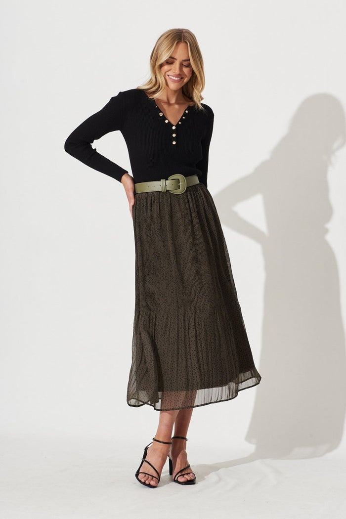 Brieanna Maxi Skirt With Belt In Khaki With Black Spot Chiffon - St Frock (Dev)