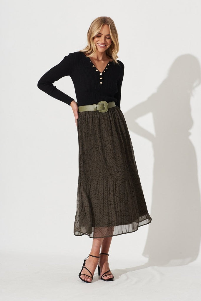 Brieanna Maxi Skirt With Belt In Khaki With Black Spot Chiffon - St Frock (Dev)