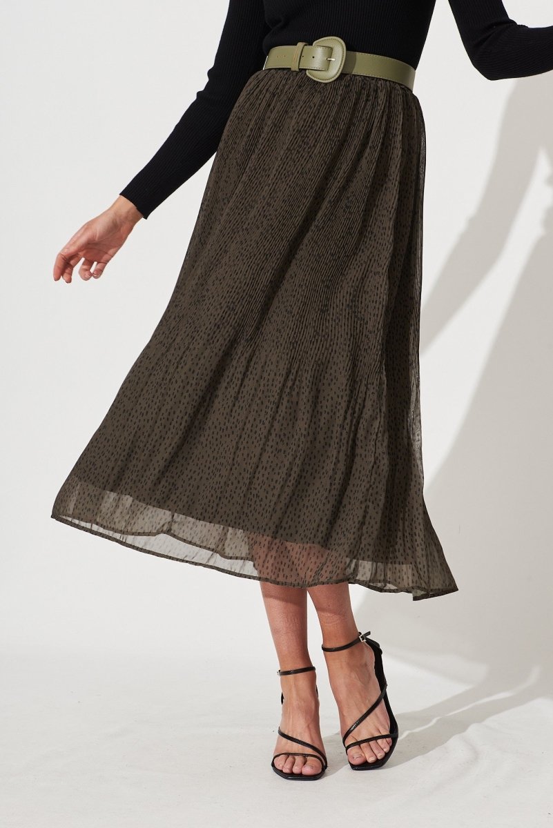Brieanna Maxi Skirt With Belt In Khaki With Black Spot Chiffon - St Frock (Dev)