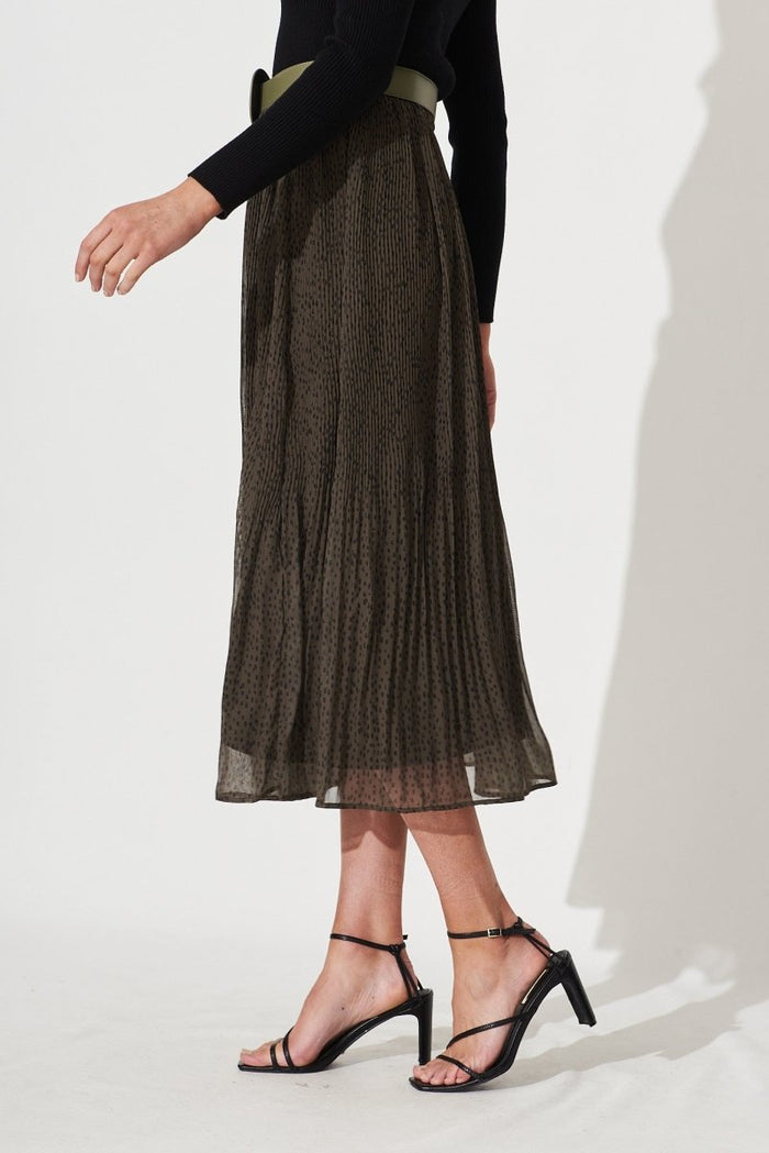 Brieanna Maxi Skirt With Belt In Khaki With Black Spot Chiffon - St Frock (Dev)