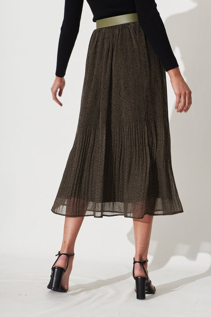 Brieanna Maxi Skirt With Belt In Khaki With Black Spot Chiffon - St Frock (Dev)