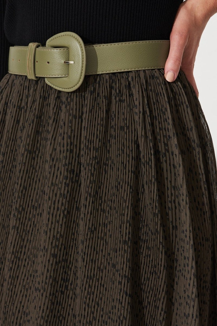 Brieanna Maxi Skirt With Belt In Khaki With Black Spot Chiffon - St Frock (Dev)