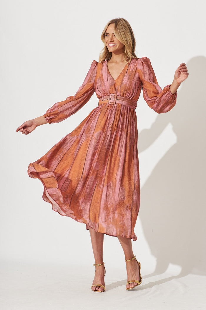 Vichy Midi Dress In Pink With Rust Print - full length