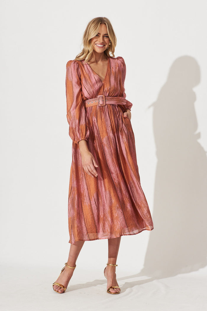Vichy Midi Dress In Pink With Rust Print - full length