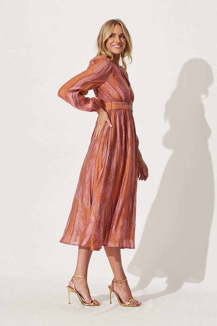 Vichy Midi Dress In Pink With Rust Print - side