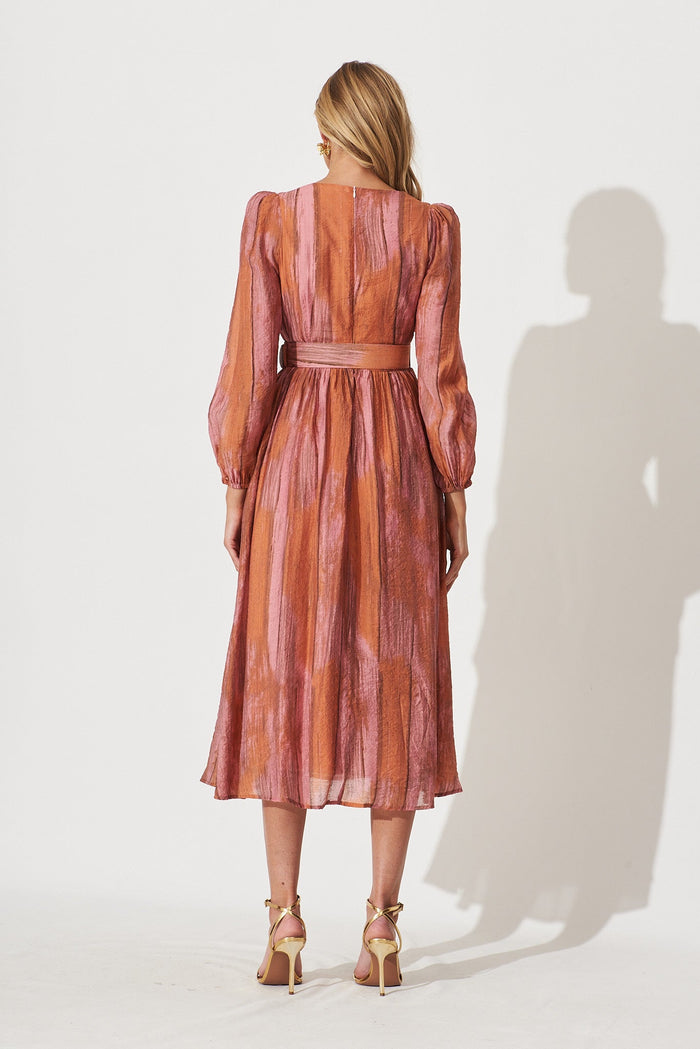 Vichy Midi Dress In Pink With Rust Print - back