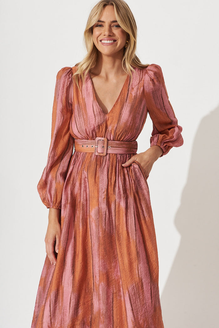 Vichy Midi Dress In Pink With Rust Print - front