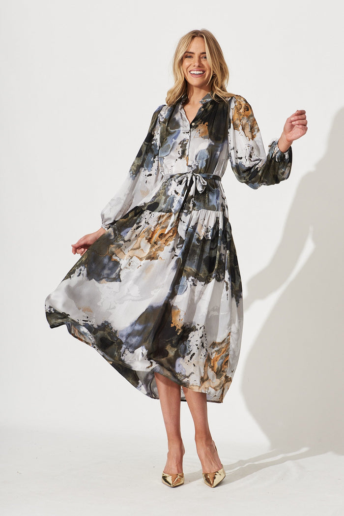 Pippa Maxi Dress In Charcoal With Gold Print Chiffon - full length