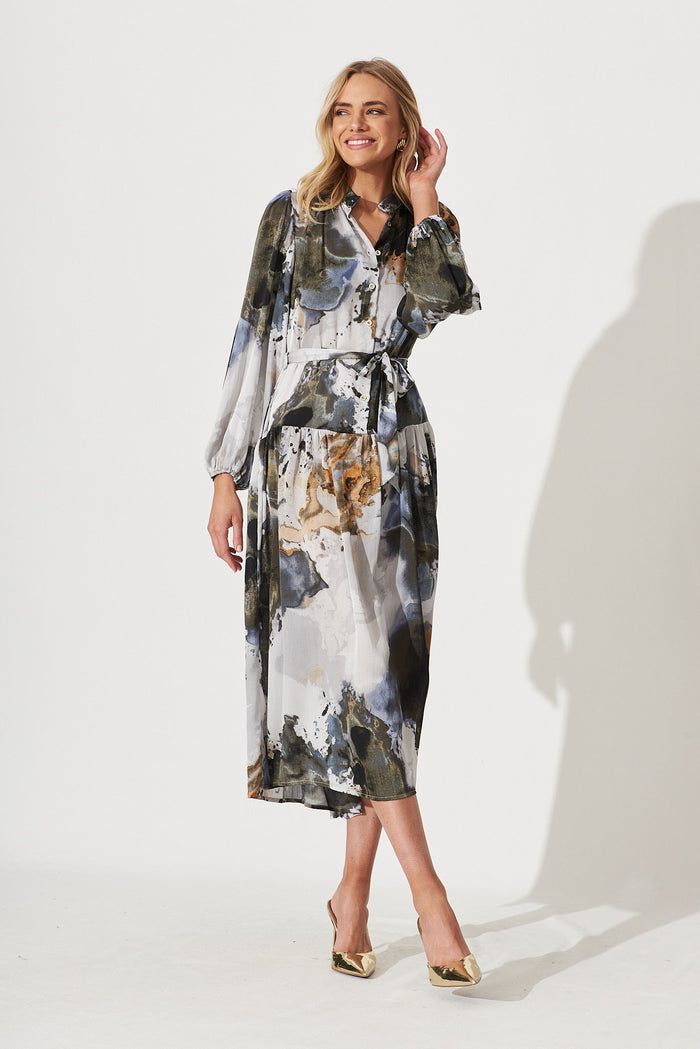 Pippa Maxi Dress In Charcoal With Gold Print Chiffon - full length