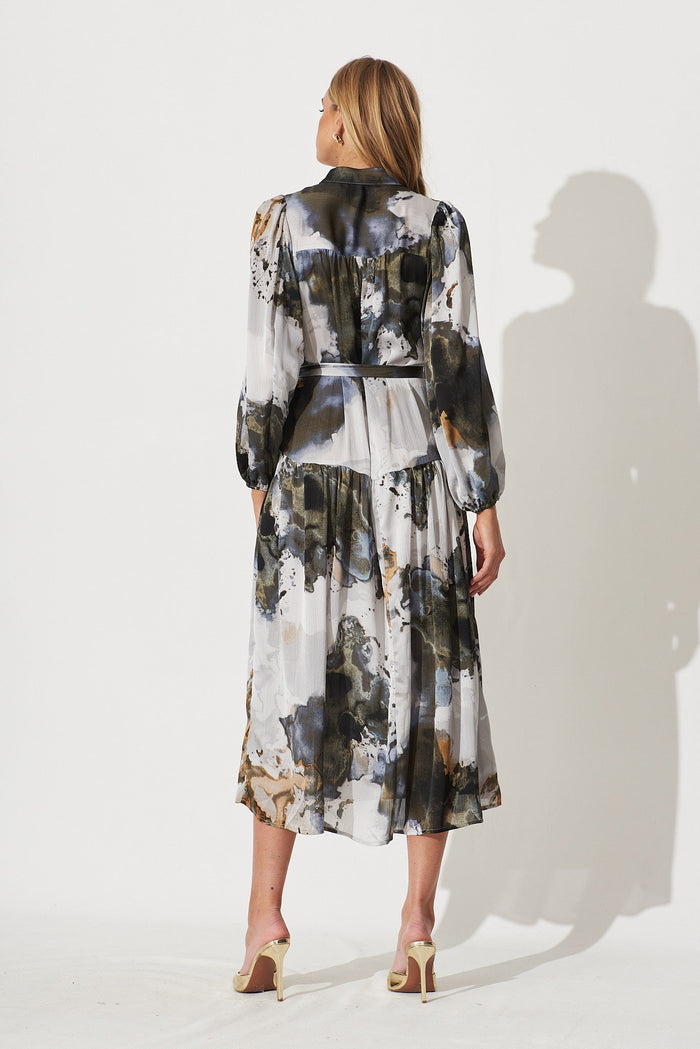 Pippa Maxi Dress In Charcoal With Gold Print Chiffon - back