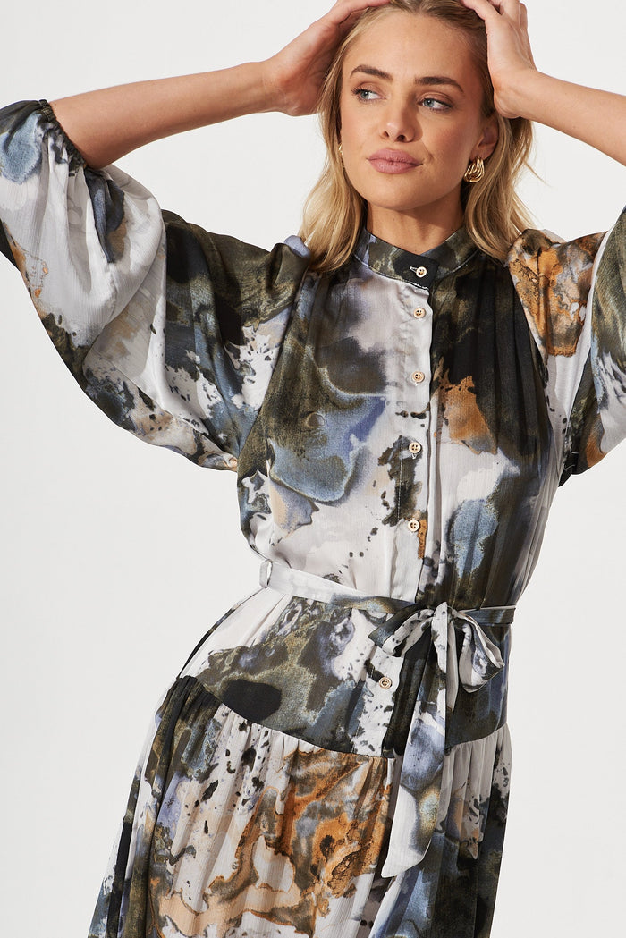 Pippa Maxi Dress In Charcoal With Gold Print Chiffon - detail