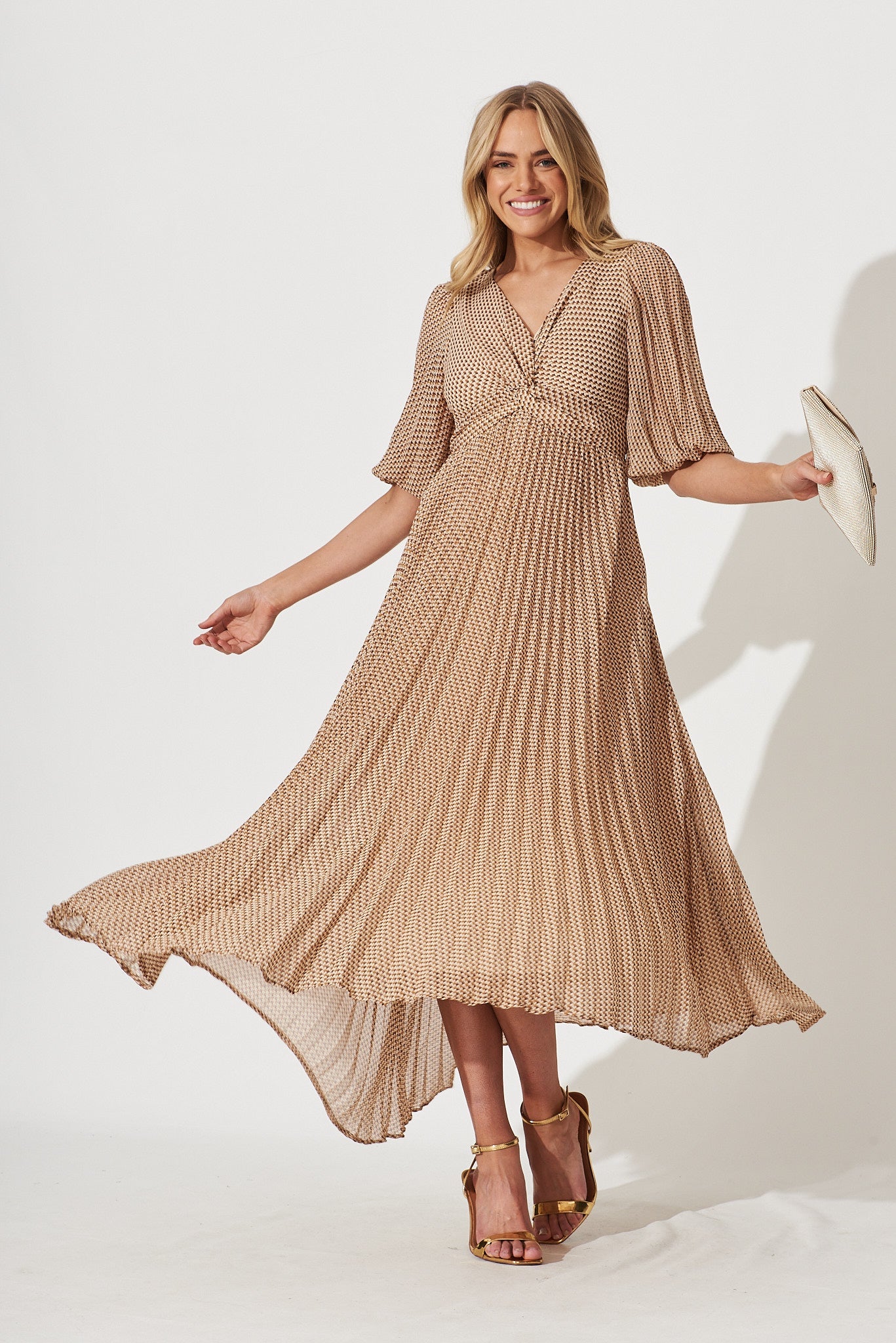 Moritz Maxi Dress In Beige With Brown Retro Print - full length