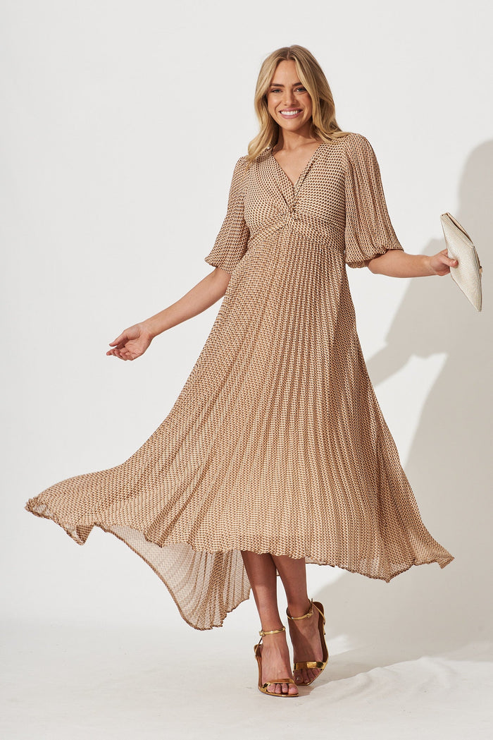 Moritz Maxi Dress In Beige With Brown Retro Print - full length