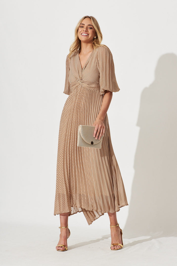 Moritz Maxi Dress In Beige With Brown Retro Print - full length