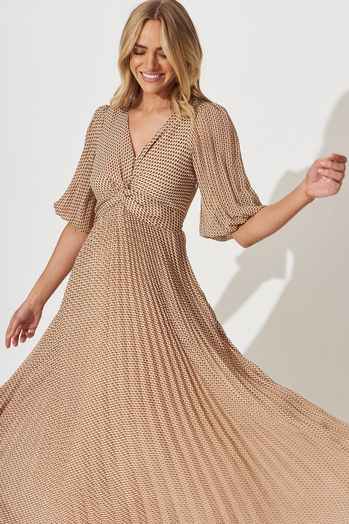 Moritz Maxi Dress In Beige With Brown Retro Print - front