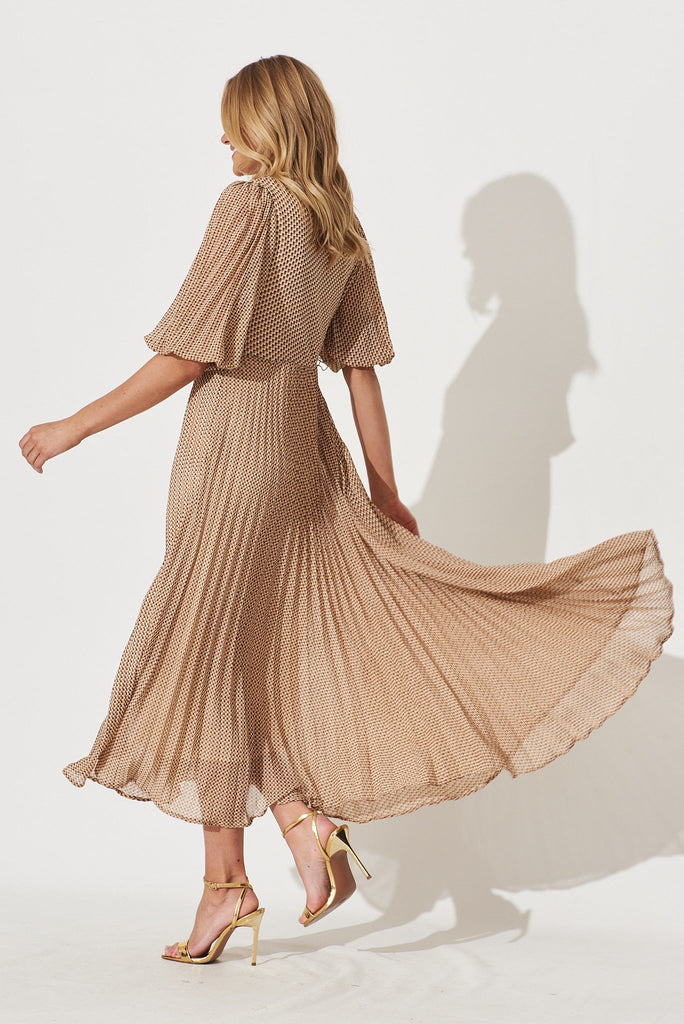 Moritz Maxi Dress In Beige With Brown Retro Print - side