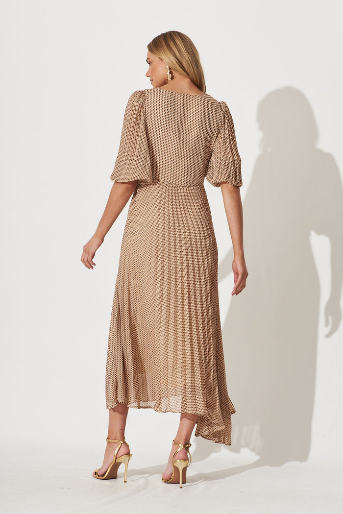 Moritz Maxi Dress In Beige With Brown Retro Print - back