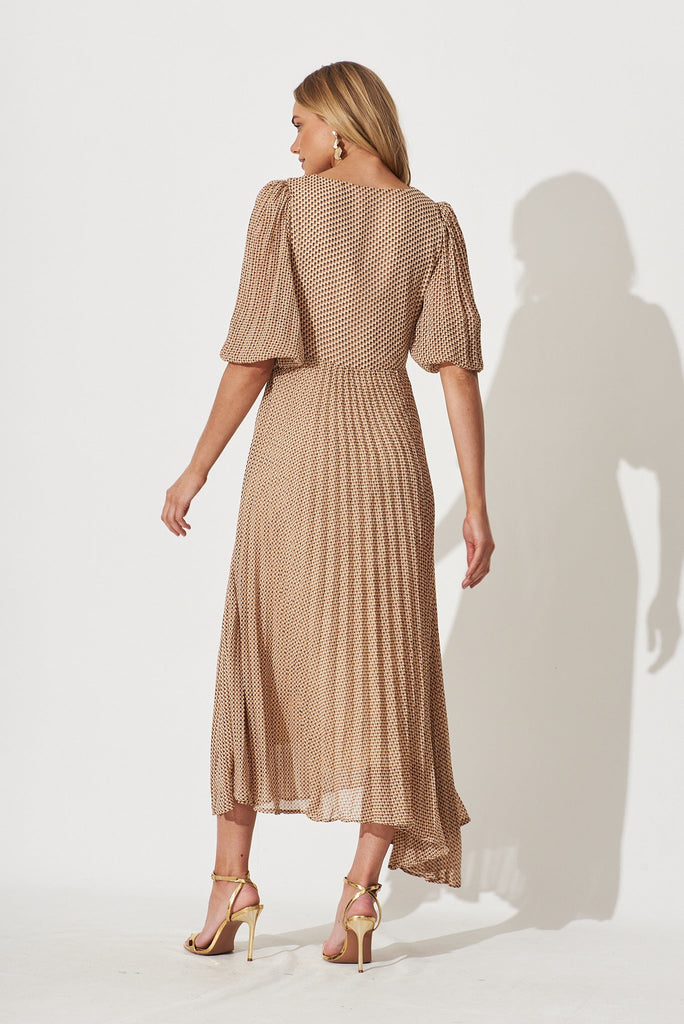 Moritz Maxi Dress In Beige With Brown Retro Print - back
