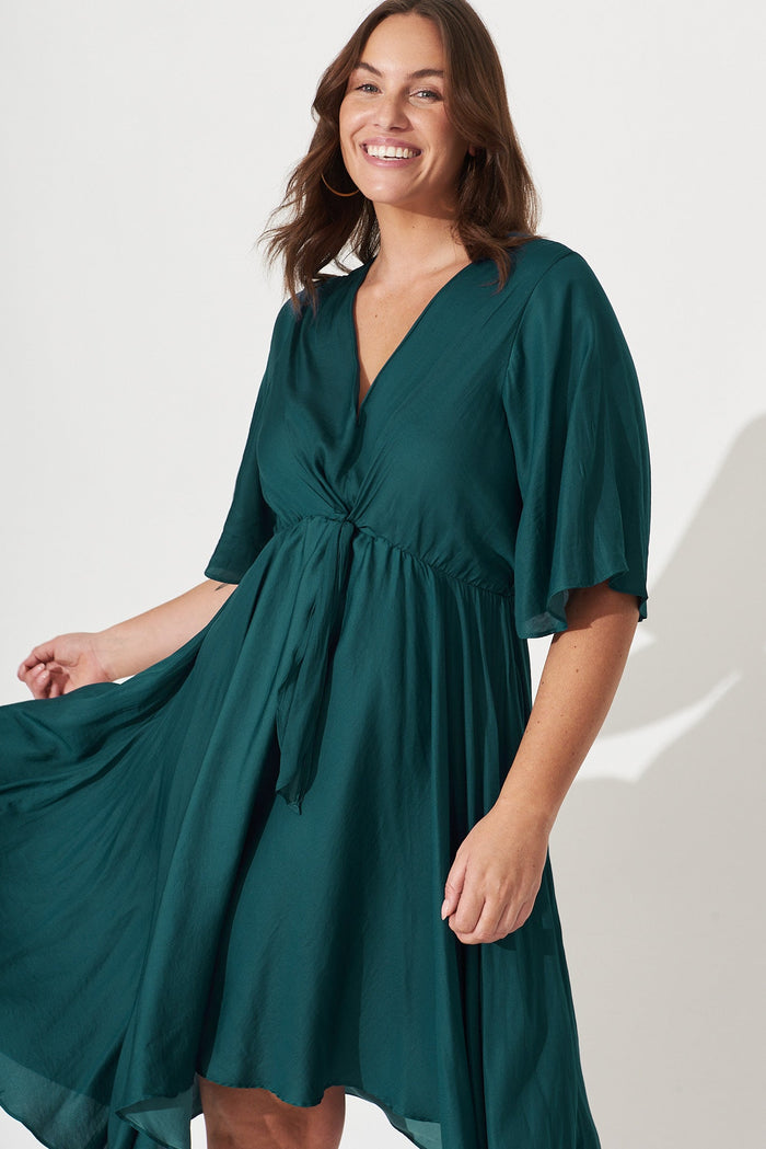 Helsinki Dress In Teal Satin - front