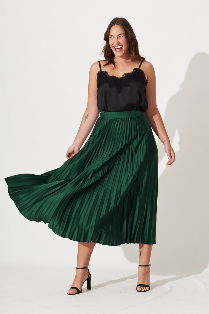 Allison Midi Pleat Skirt In Emerald Satin - St Frock (Dev)