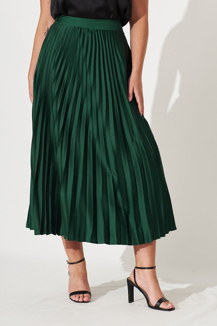 Allison Midi Pleat Skirt In Emerald Satin - St Frock (Dev)