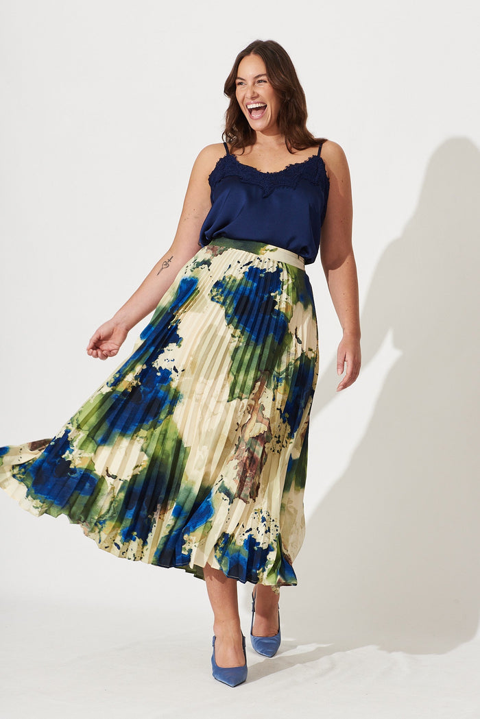 Allison Midi Pleat Skirt In Green With Navy Print - St Frock (Dev)
