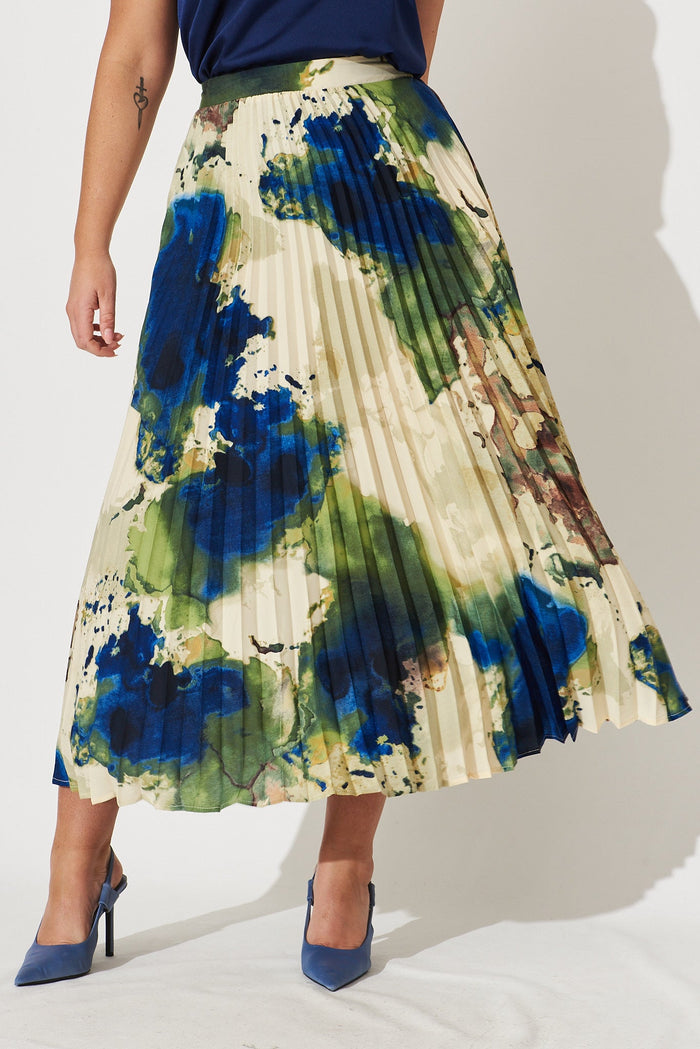 Allison Midi Pleat Skirt In Green With Navy Print - St Frock (Dev)