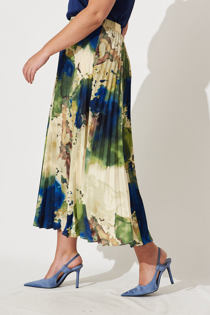 Allison Midi Pleat Skirt In Green With Navy Print - St Frock (Dev)