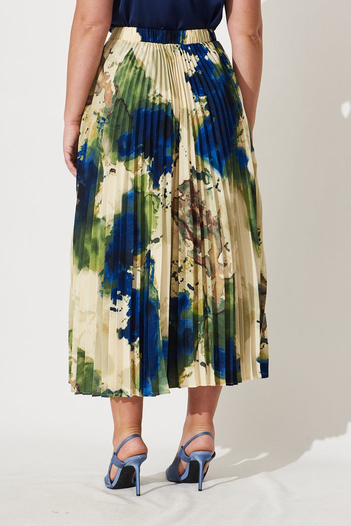 Allison Midi Pleat Skirt In Green With Navy Print - St Frock (Dev)