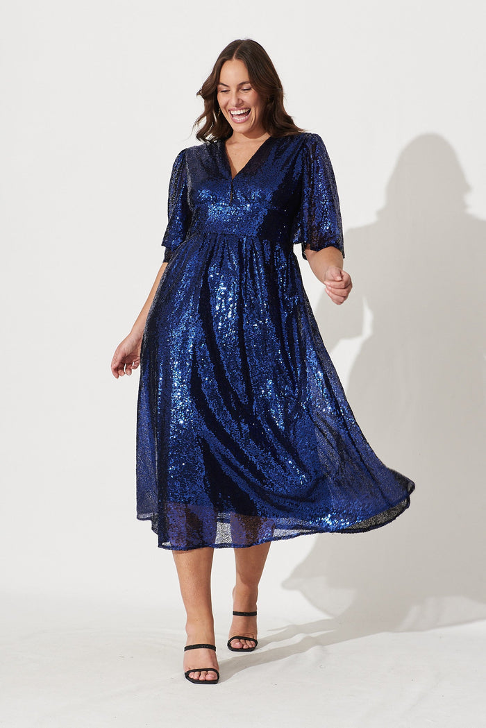 Livorno Midi Dress In Navy Sequin - full length