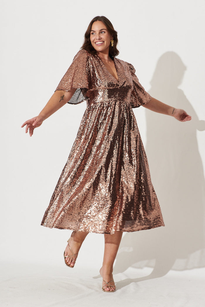 Livorno Midi Dress In Rose Gold Sequin - full length