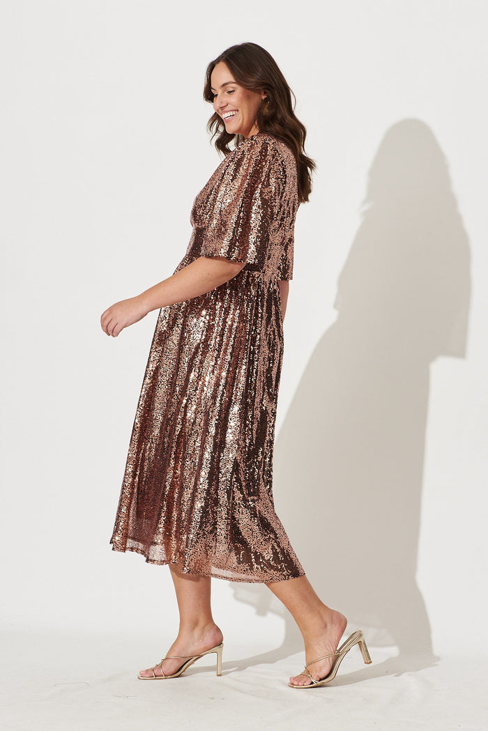 Livorno Midi Dress In Rose Gold Sequin - side