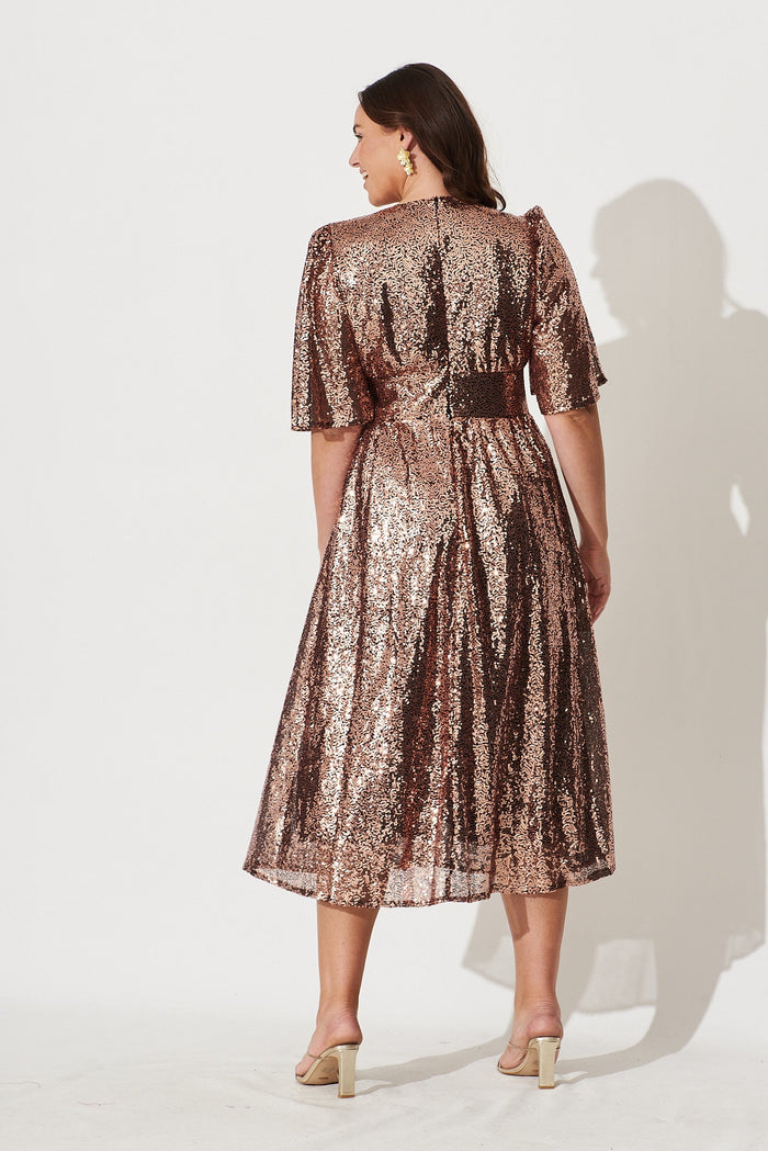 Livorno Midi Dress In Rose Gold Sequin - back