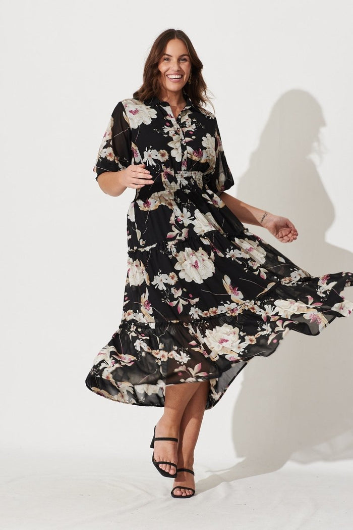 Brittney Midi Dress In Black Floral Chiffon - St Frock (Dev)