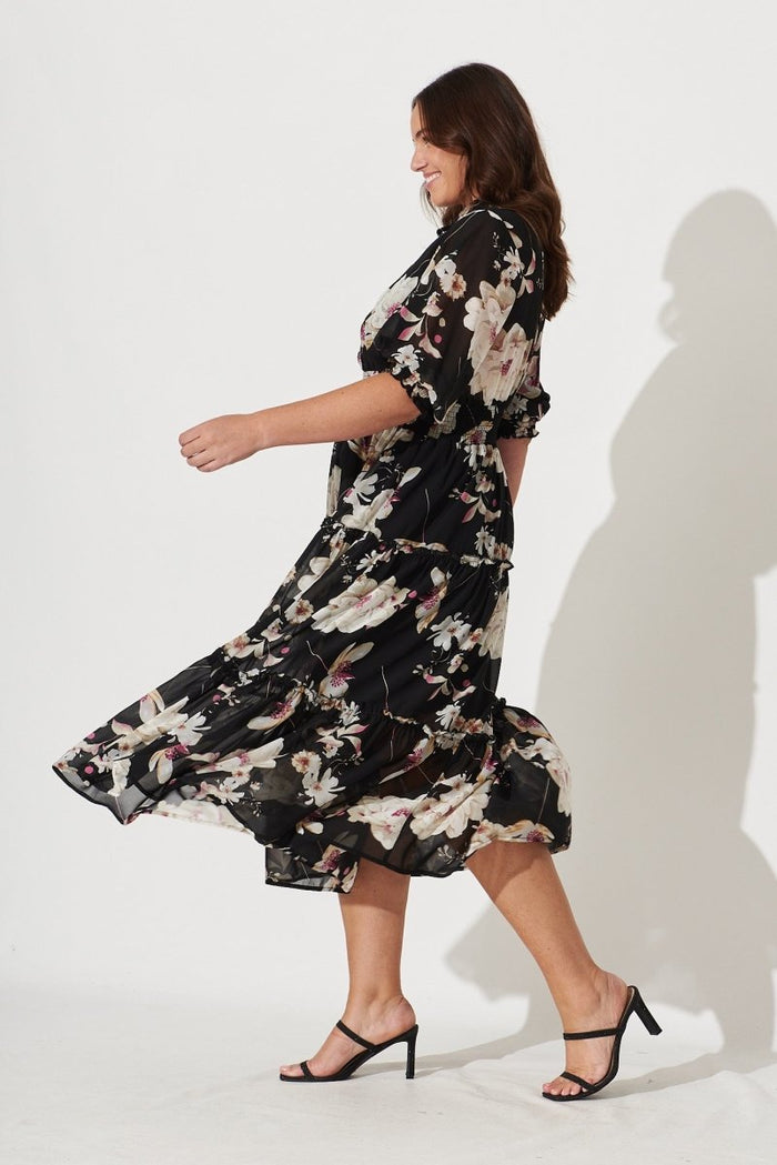 Brittney Midi Dress In Black Floral Chiffon - St Frock (Dev)