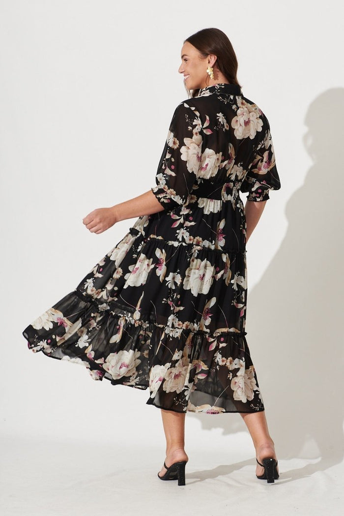 Brittney Midi Dress In Black Floral Chiffon - St Frock (Dev)