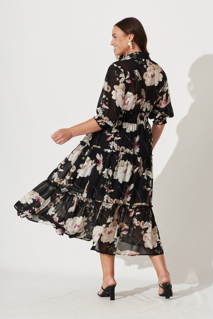 Brittney Midi Dress In Black Floral Chiffon - St Frock (Dev)