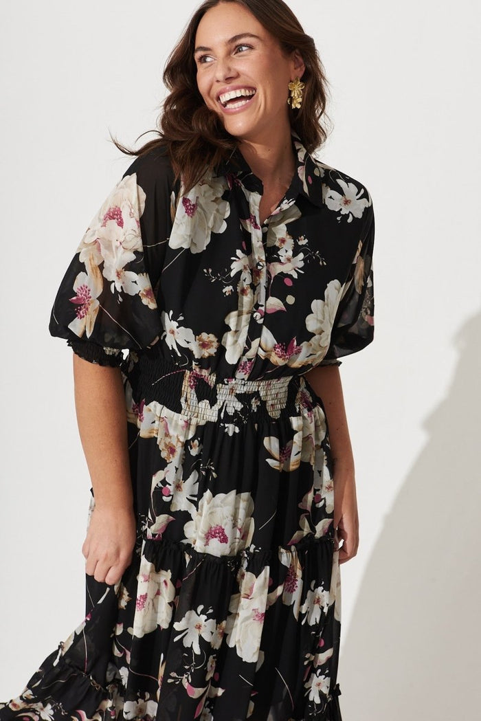 Brittney Midi Dress In Black Floral Chiffon - St Frock (Dev)
