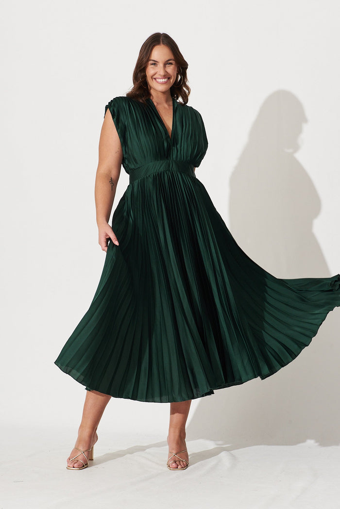 Anetta Midi Dress In Pleated Emerald Satin - St Frock (Dev)