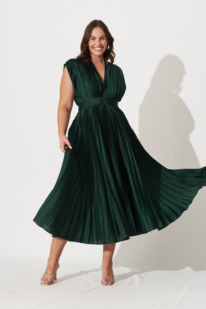 Anetta Midi Dress In Pleated Emerald Satin - St Frock (Dev)