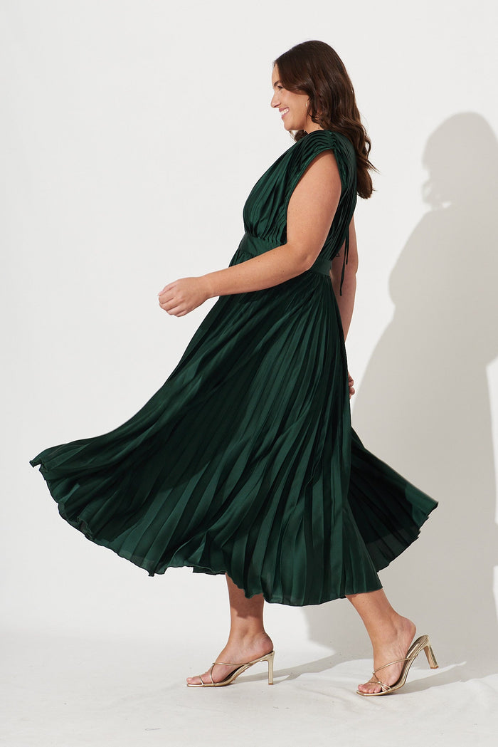 Anetta Midi Dress In Pleated Emerald Satin - St Frock (Dev)