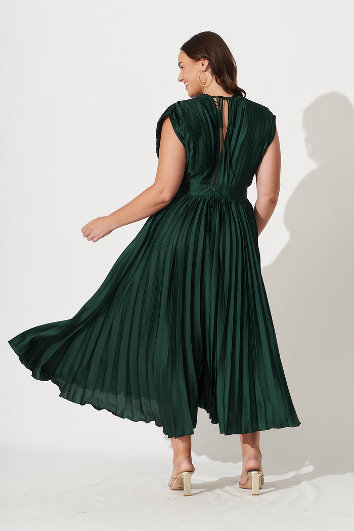 Anetta Midi Dress In Pleated Emerald Satin - St Frock (Dev)