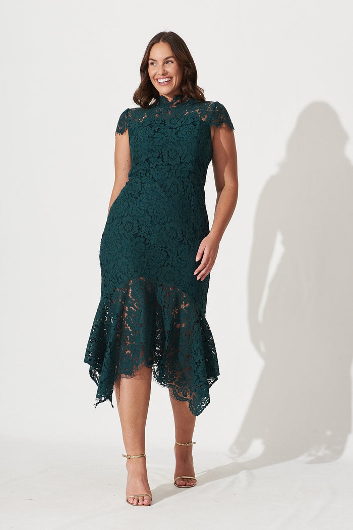 Emilise Midi Dress In Emerald Green Lace - full length