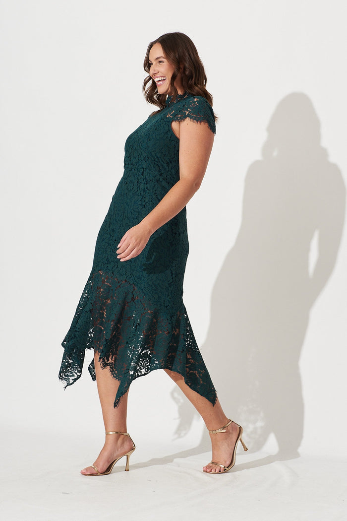 Emilise Midi Dress In Emerald Green Lace - side