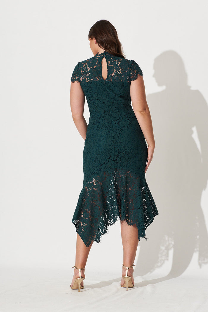 Emilise Midi Dress In Emerald Green Lace - back