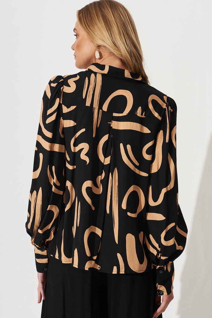 Mackay Shirt In Black With Tan Print Linen Blend - back
