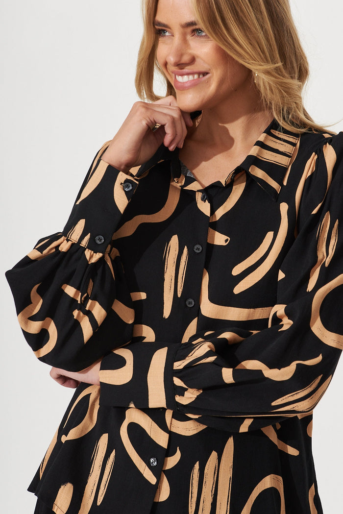 Mackay Shirt In Black With Tan Print Linen Blend - detail