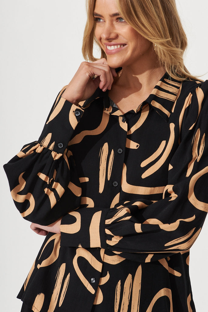 Mackay Shirt In Black With Tan Print Linen Blend - detail