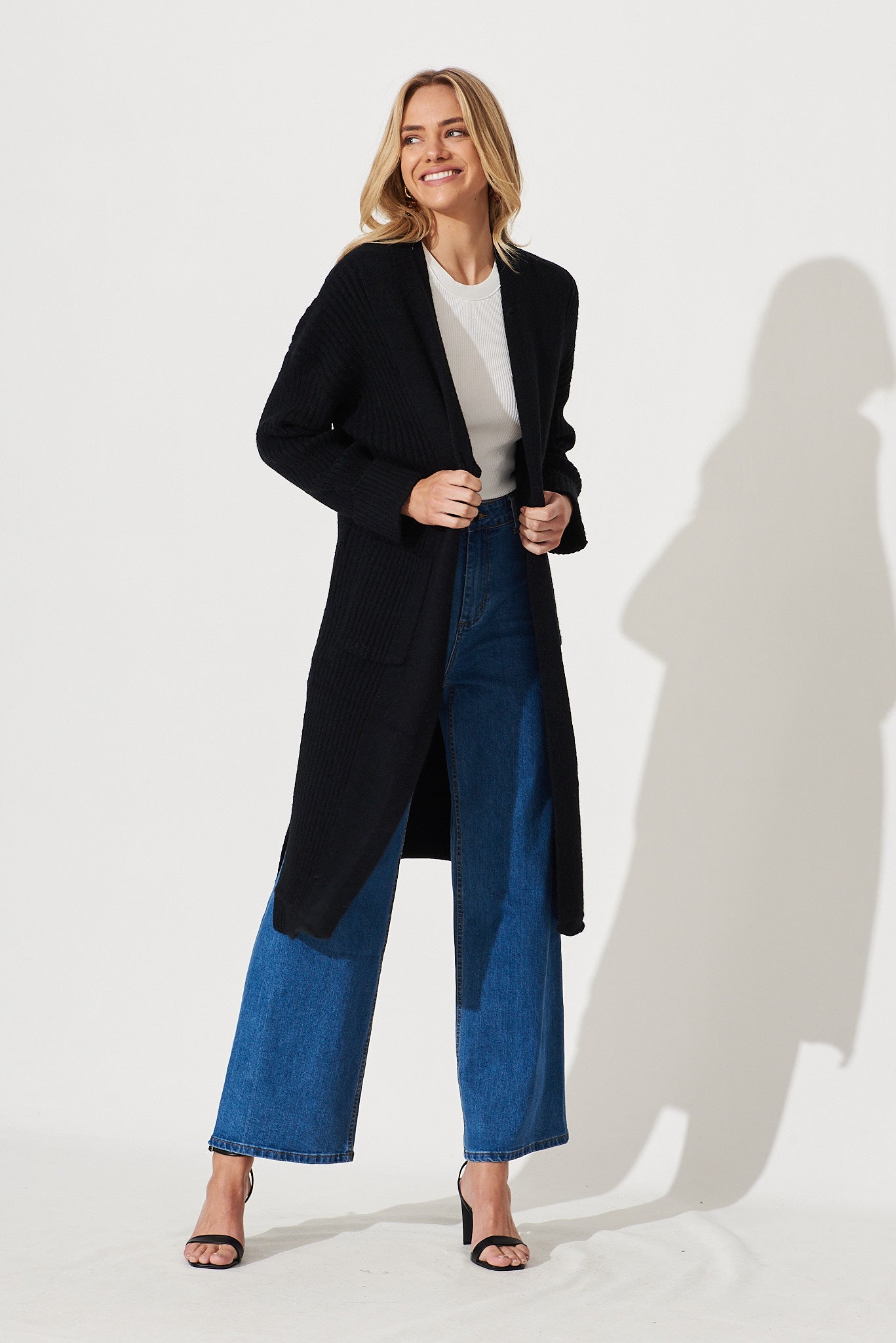 Mosman Knit Cardigan In Black Wool Blend - full length