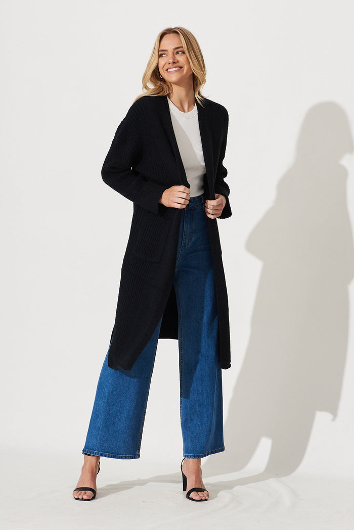 Mosman Knit Cardigan In Black Wool Blend - full length